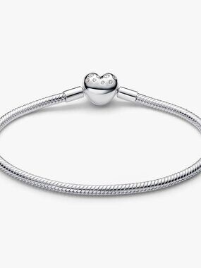 Pandora Sterling Silver Lab-grown Diamond Heart Clasp Snake Chain Bracelet